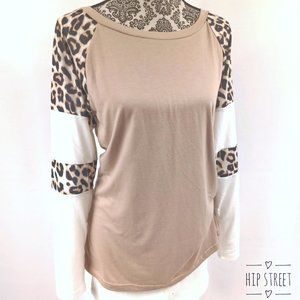 Leopard Print Contrast Band LS Jersey Tee Shirt S